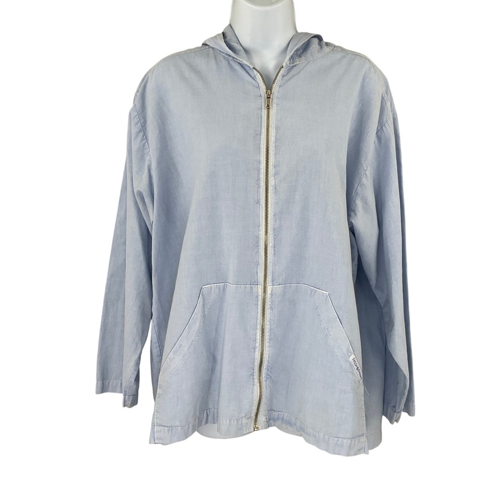 Vintage Fresh Produce Womens Light Blue Chambray Full Zip Hooded Jacket Sz M